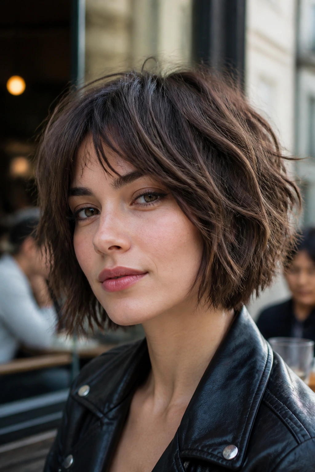 Close-up portrait of a real woman with mini shag bob in daylight at a street-side cafe