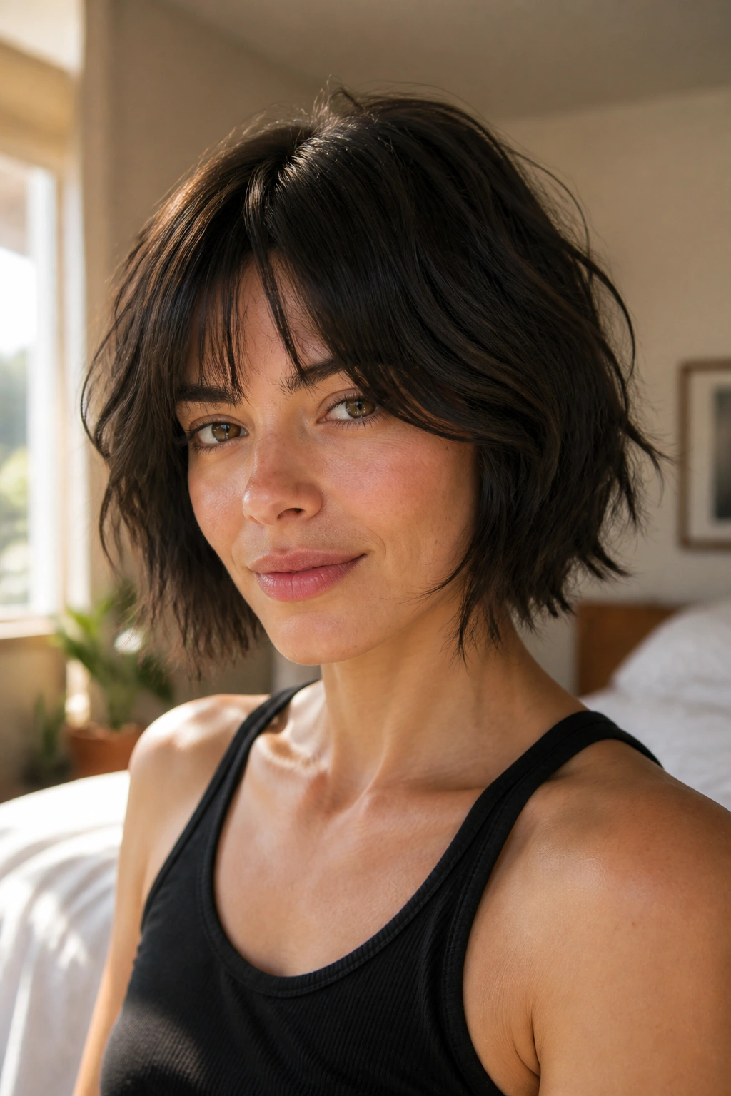 Close-up portrait of a real woman with a mini shag bob hairstyle