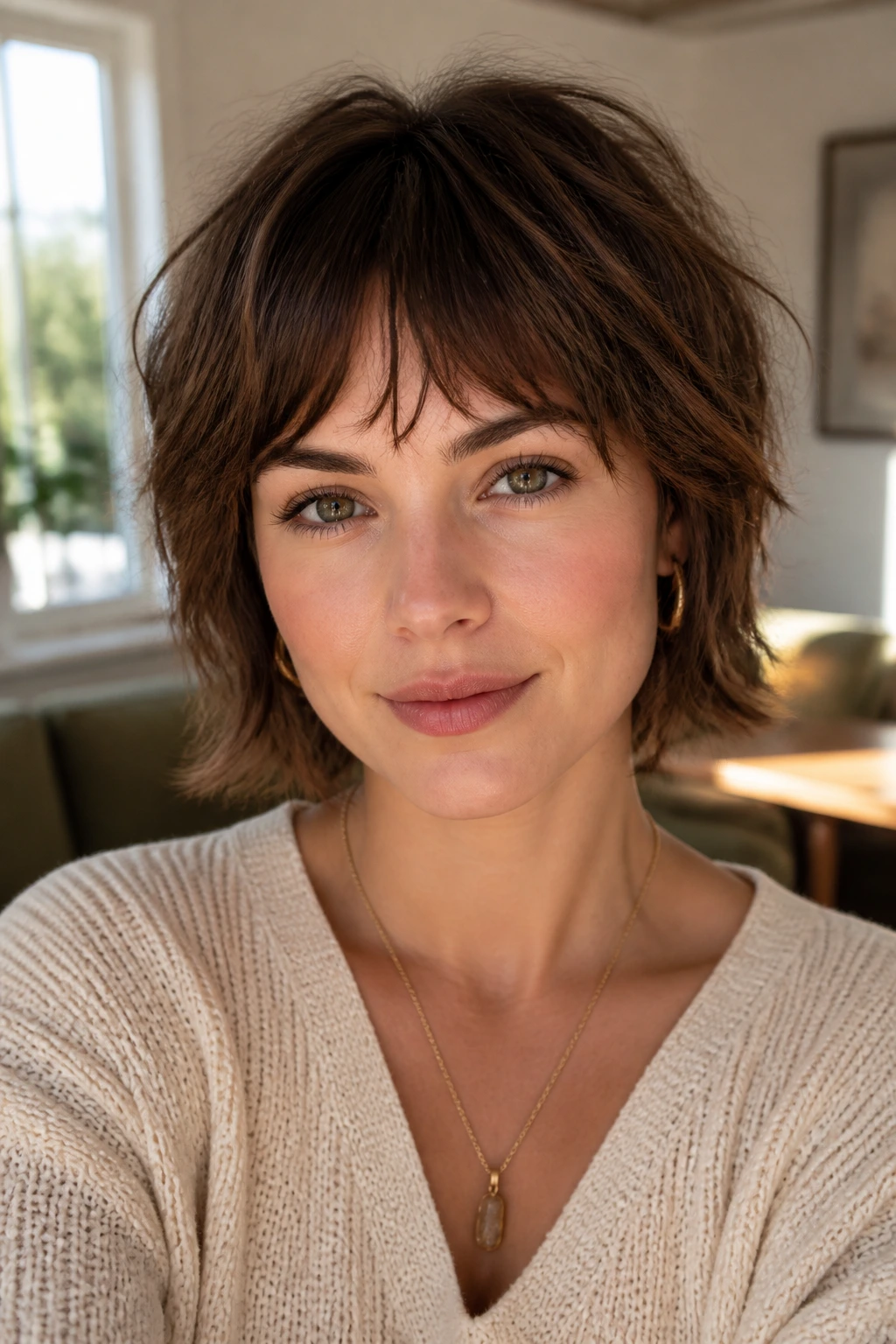 Close-up portrait of a real woman with a mini shag and eyebrow-skimming bangs in warm window light