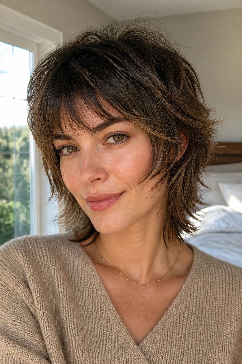 Close-up portrait of a real woman with a mini shag and feathered layers in morning light
