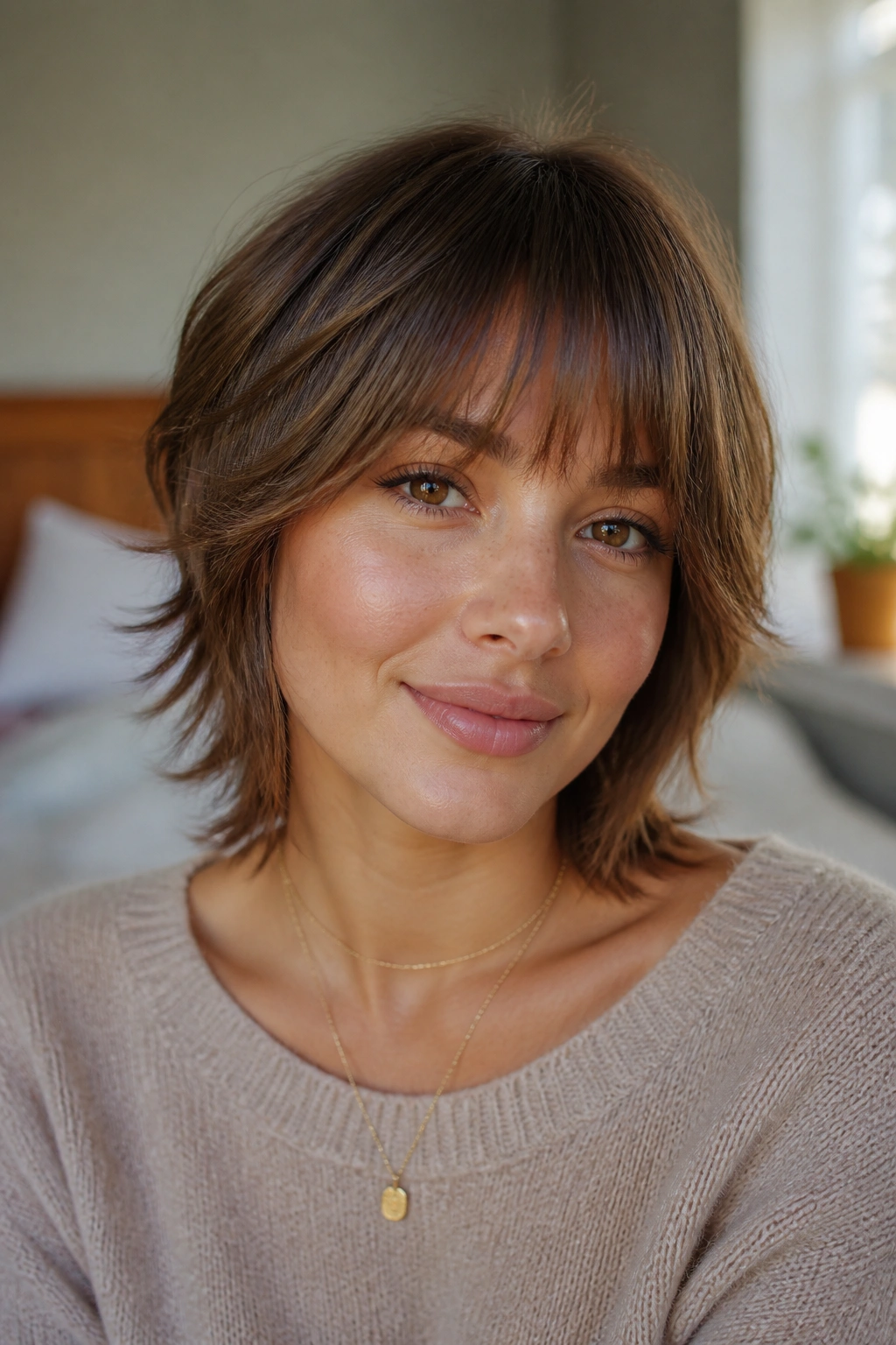 Close-up portrait of a woman with a mini shag and soft fringe in natural light.