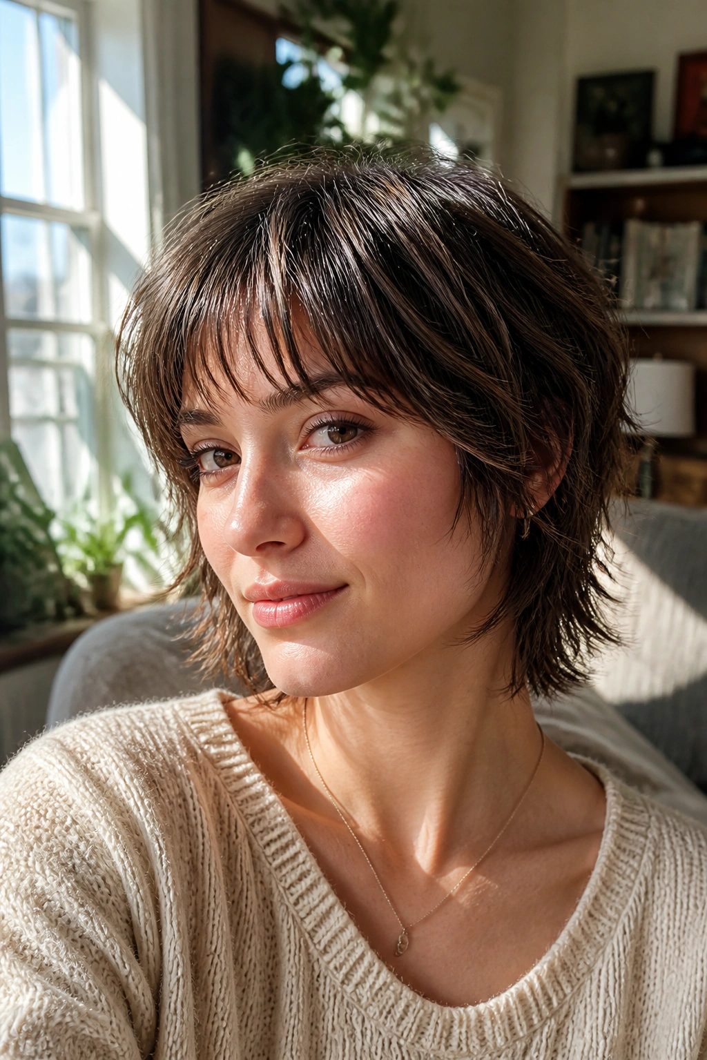 Close-up of a real woman with a mini shag and wispy bangs in a sunlit living room