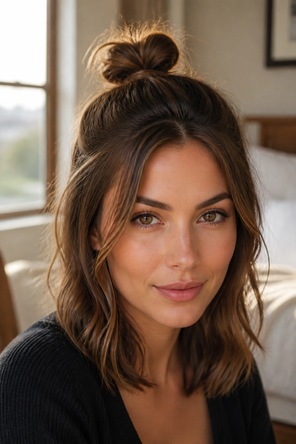 Close-up of a real woman with a mini top knot and loose ends in warm natural light