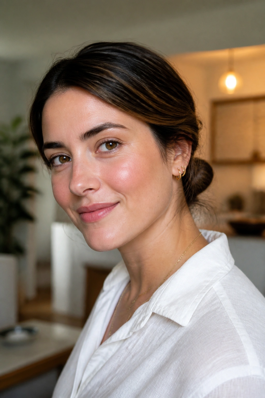 Head-and-shoulders portrait of a woman with a small topknot and loose nape strands