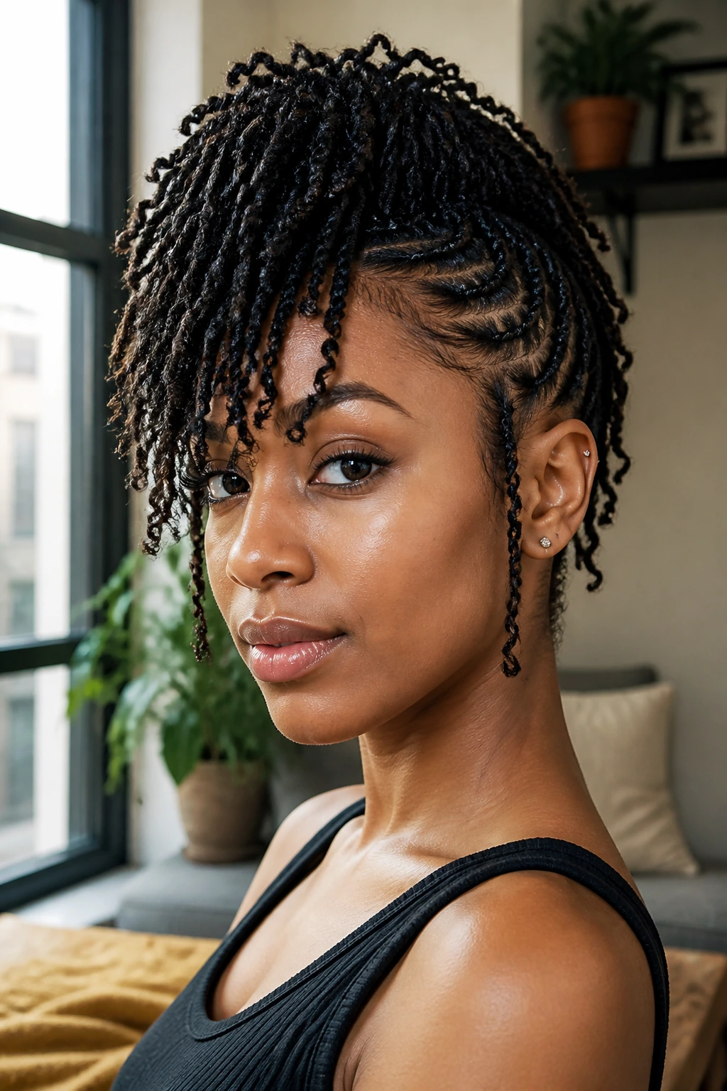Close-up portrait of a real person with mini-twist mohawk; sides pinned, center twists cascade down.