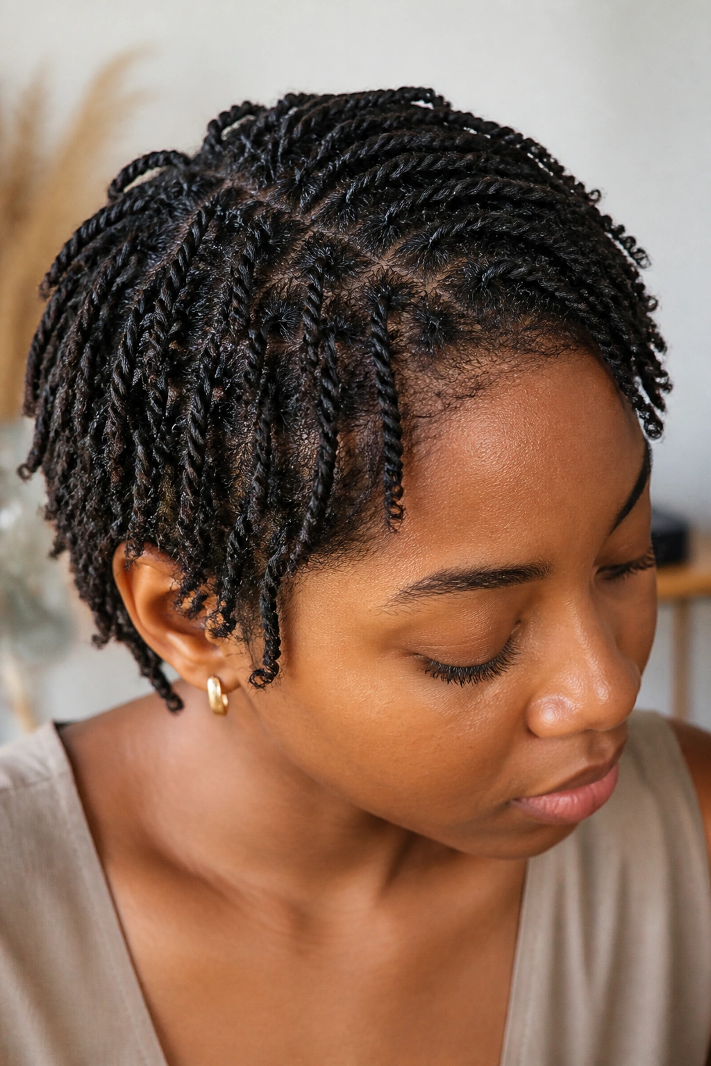 Close-up portrait of a real woman with mini twists