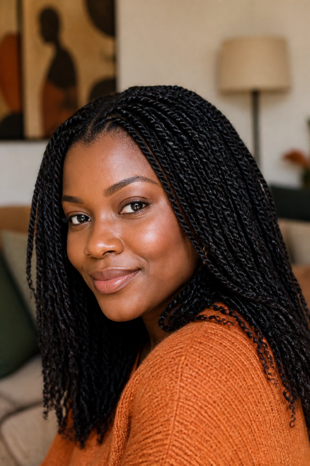 Close-up portrait of a real woman with mini twists