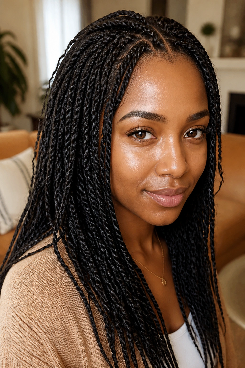 Close-up of a real person with mini twists showing texture