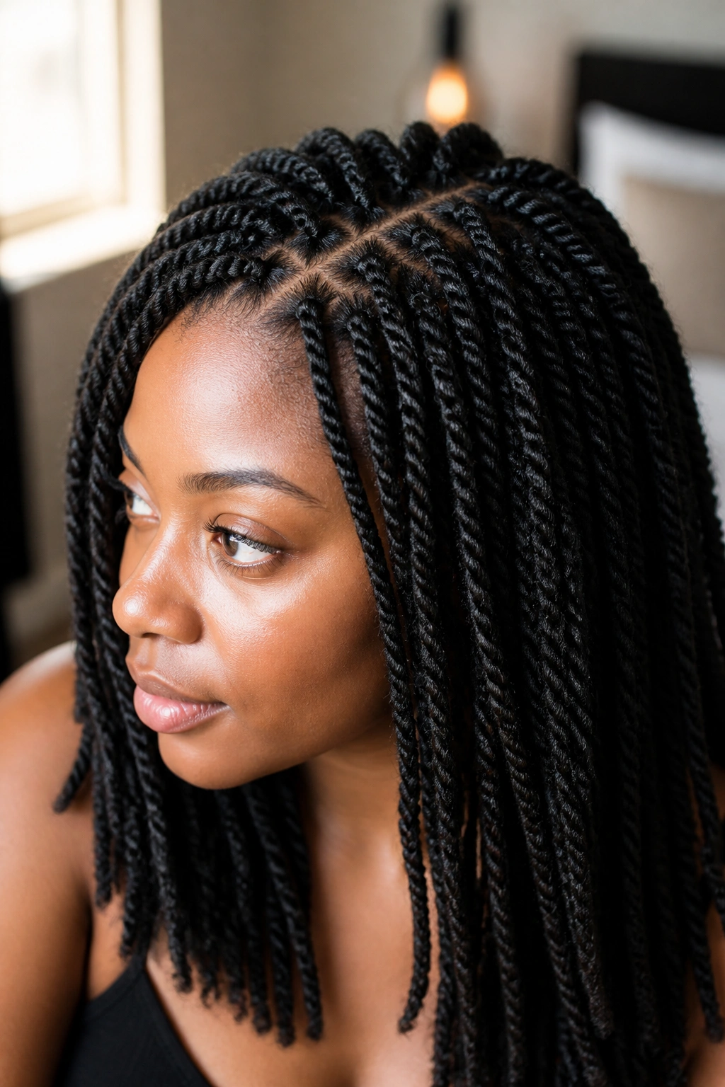 Close-up portrait of a real woman with mini twists covering the scalp and visible parts.
