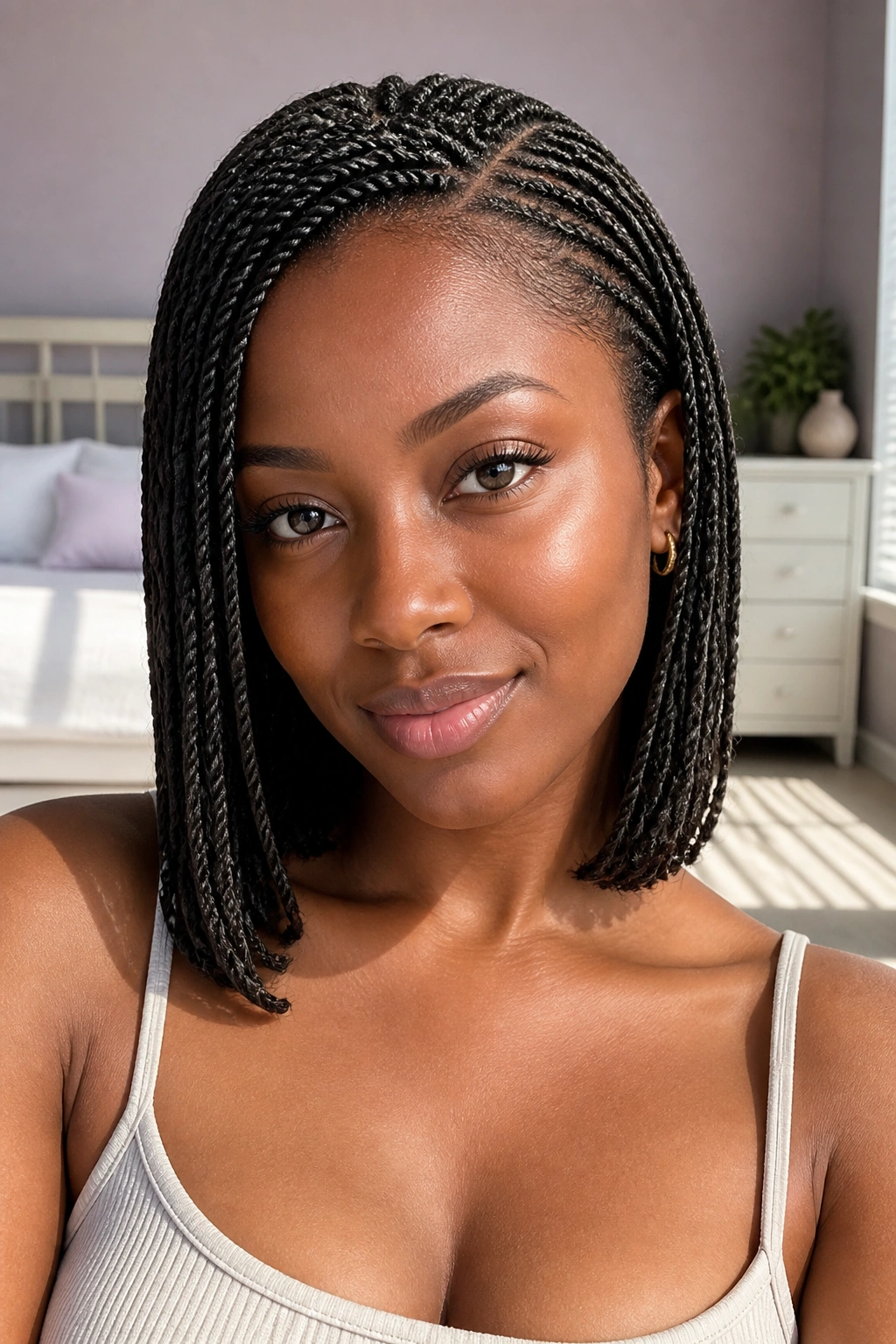 Close-up of a person sporting mini twists with tucked ends.