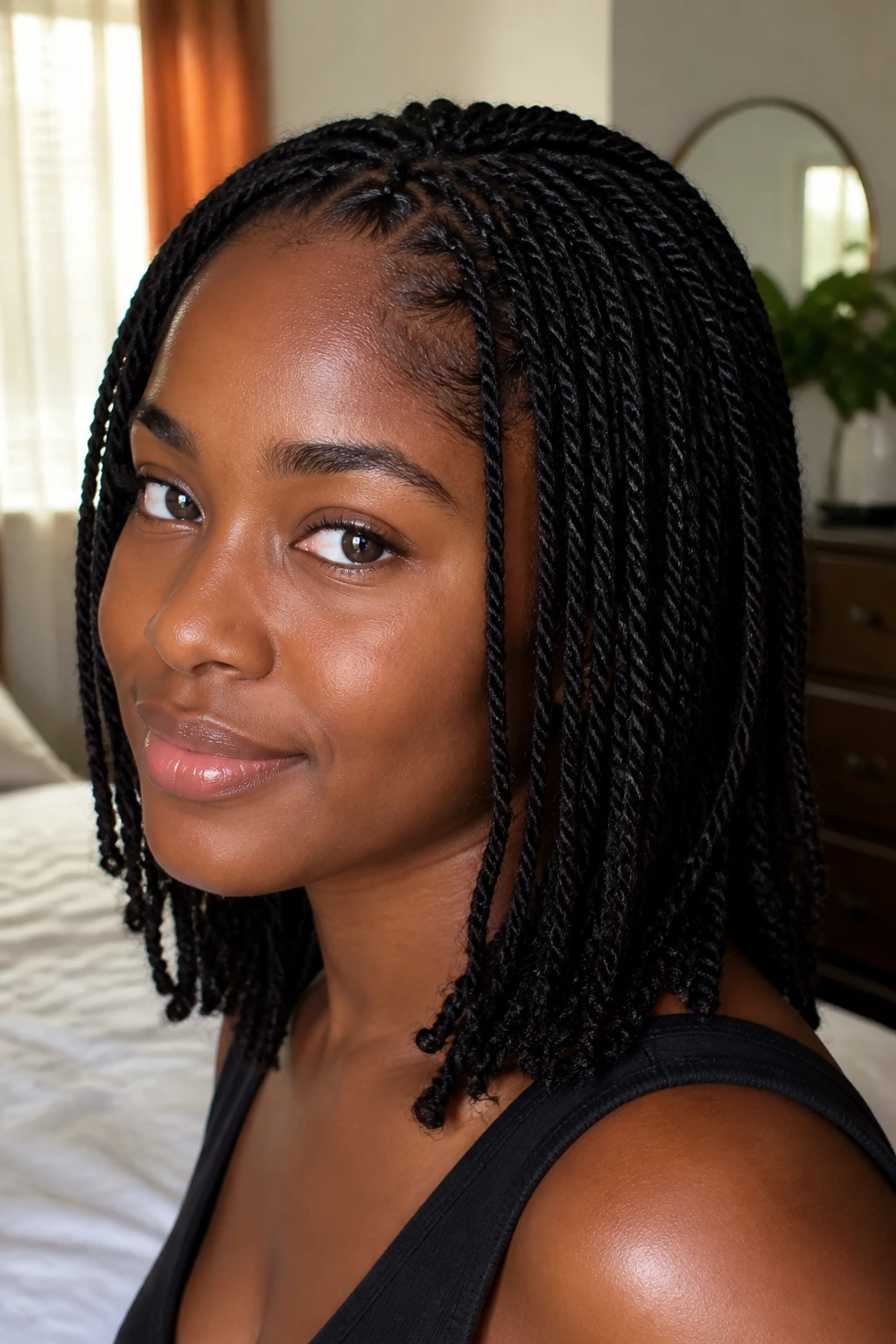 Close-up of a real person with many tiny mini twists
