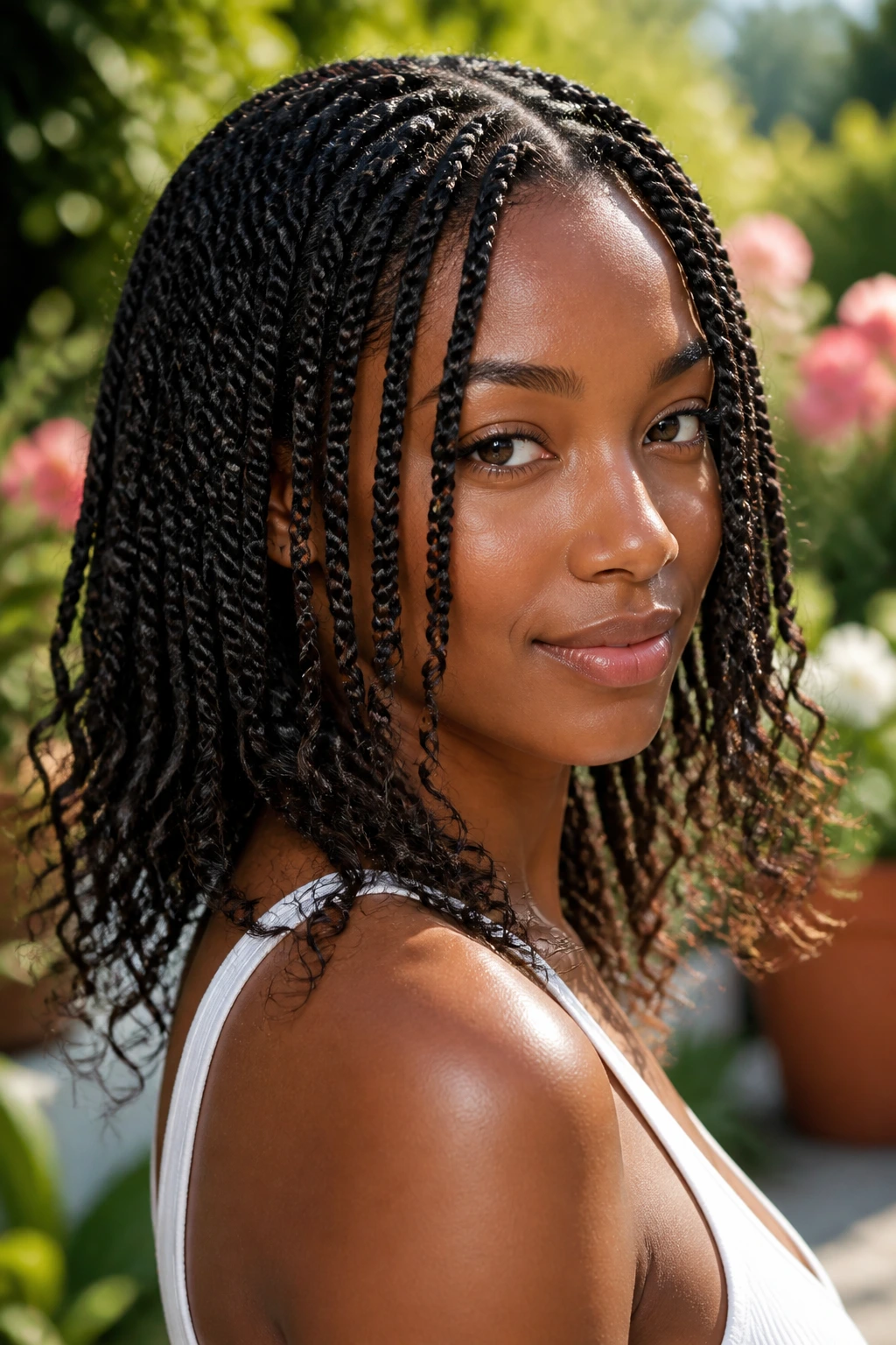 Close-up of a real person with mini twists and loose ends