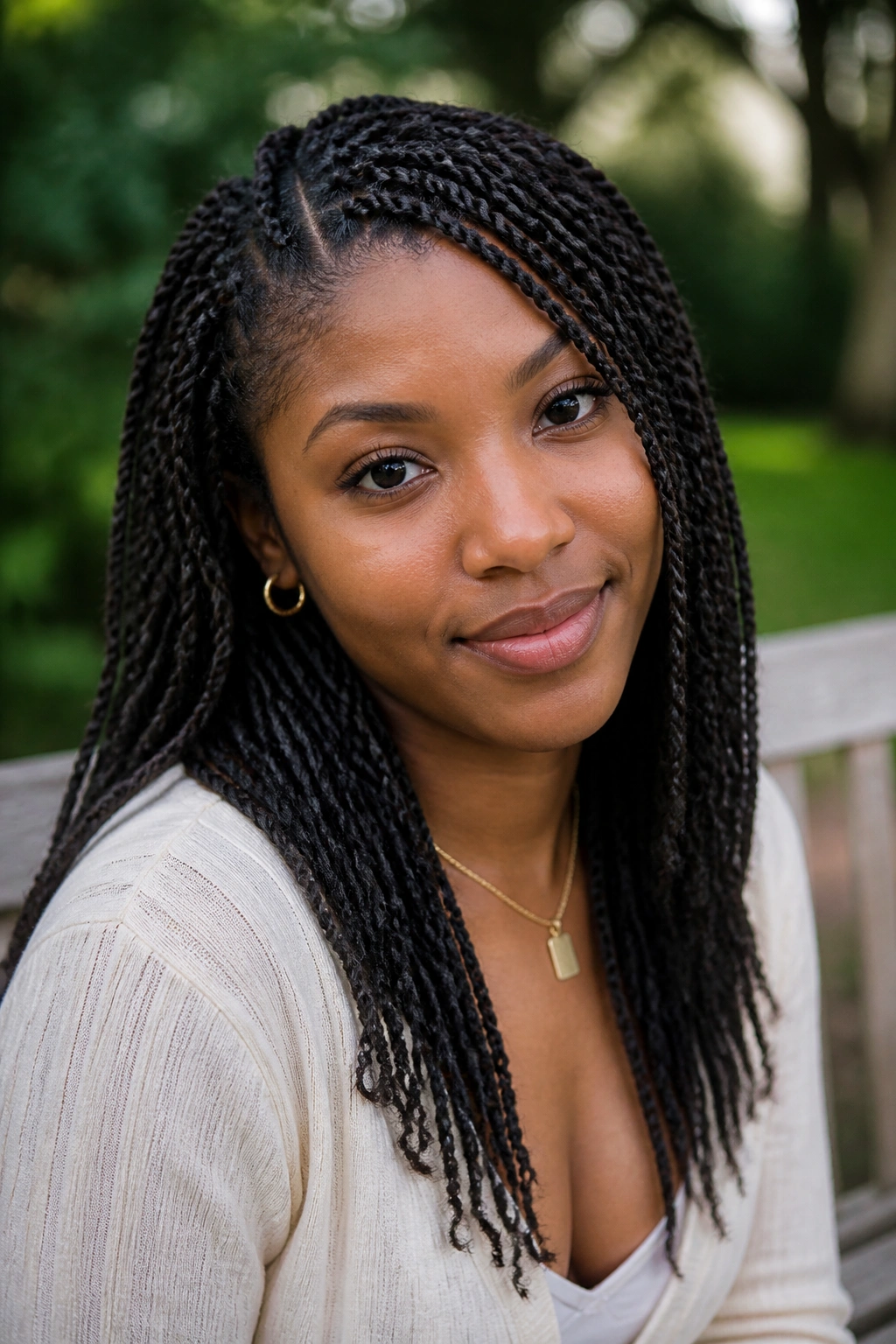Close-up of a real woman with mini twists on natural hair