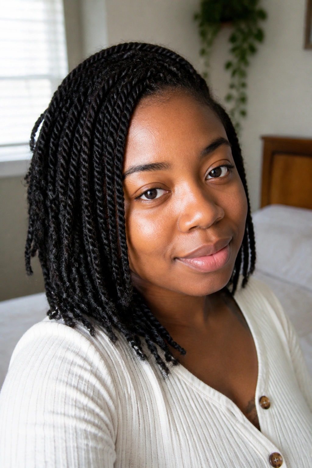 Close-up of a real woman with tiny twists, framed by natural window light.