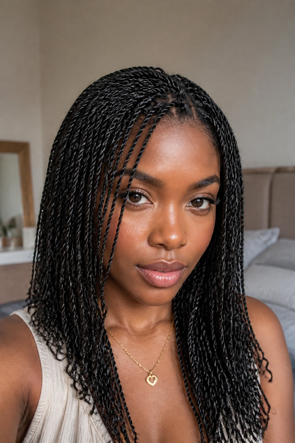 Close-up of a real person with mini twists across the head