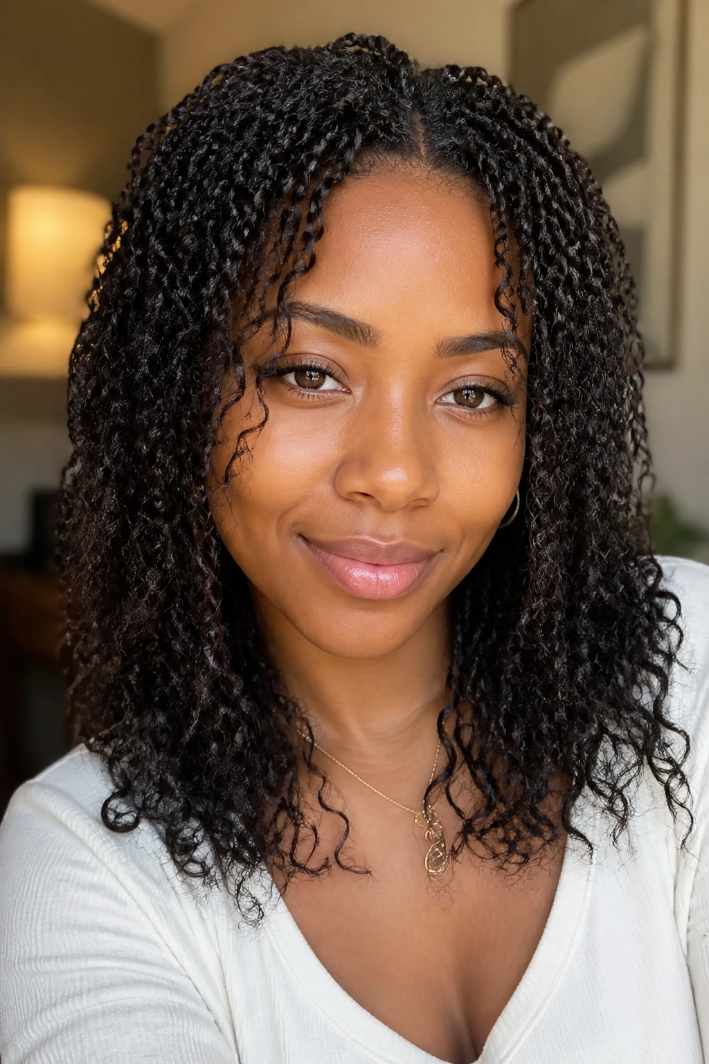 Close-up of a woman with mini twists and soft-ended curls.