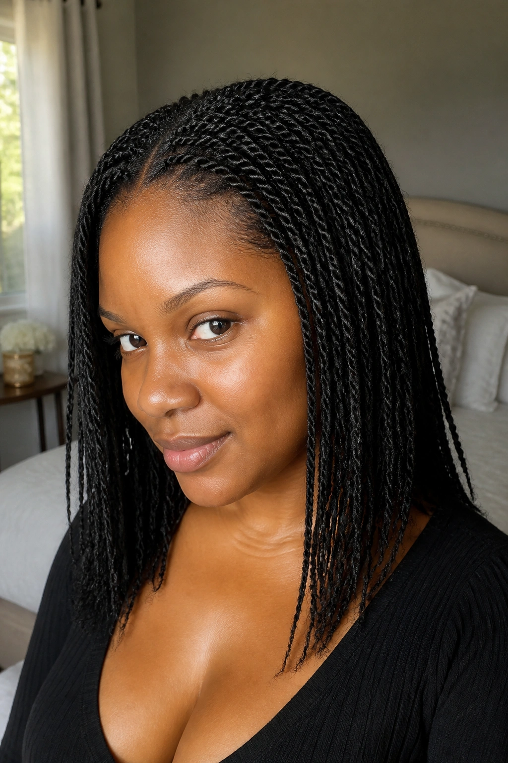 Close-up of a real woman with mini twists on stretched natural hair in warm window light