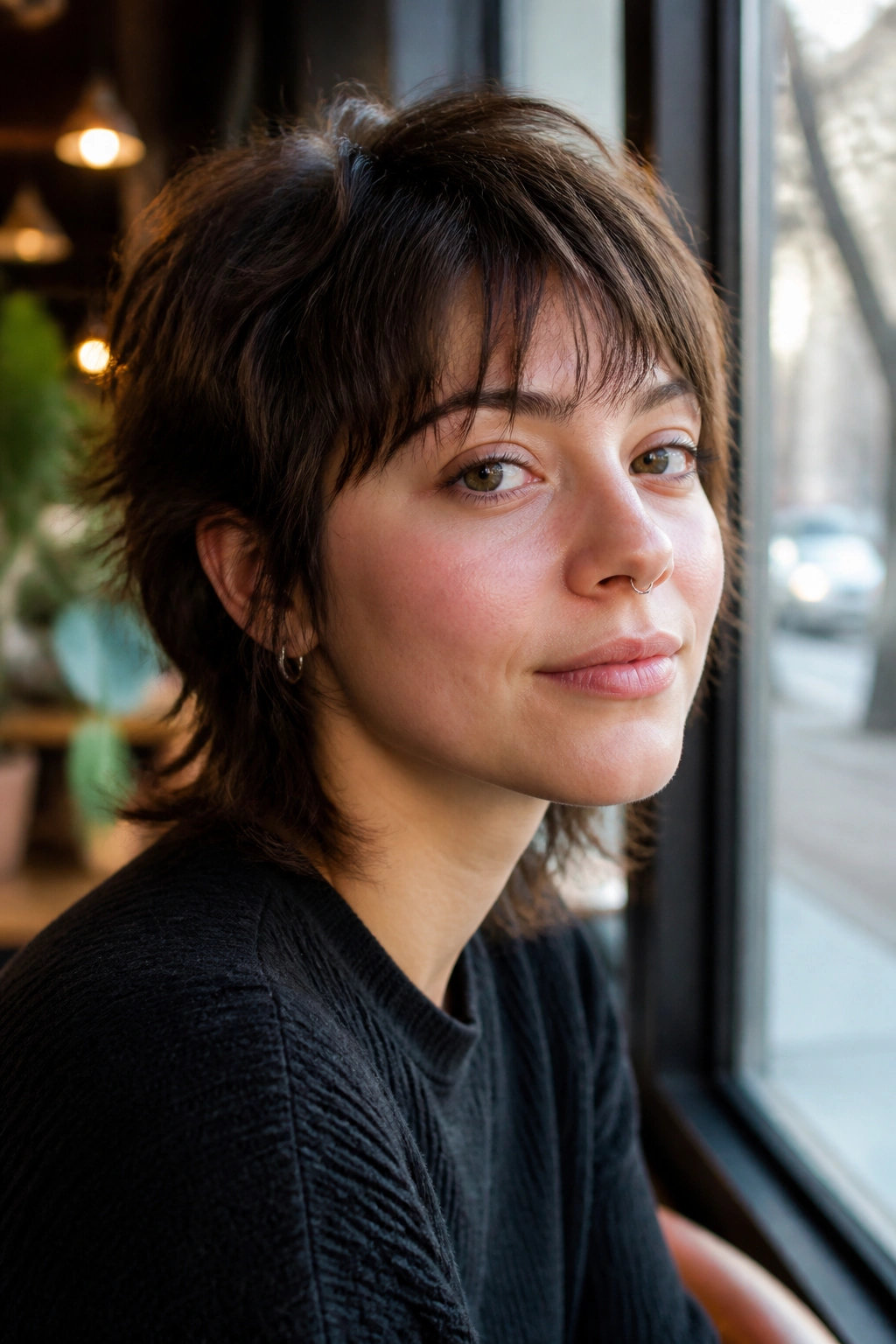 Close-up of a woman with a mini wolf cut featuring uneven layers and a jagged silhouette.