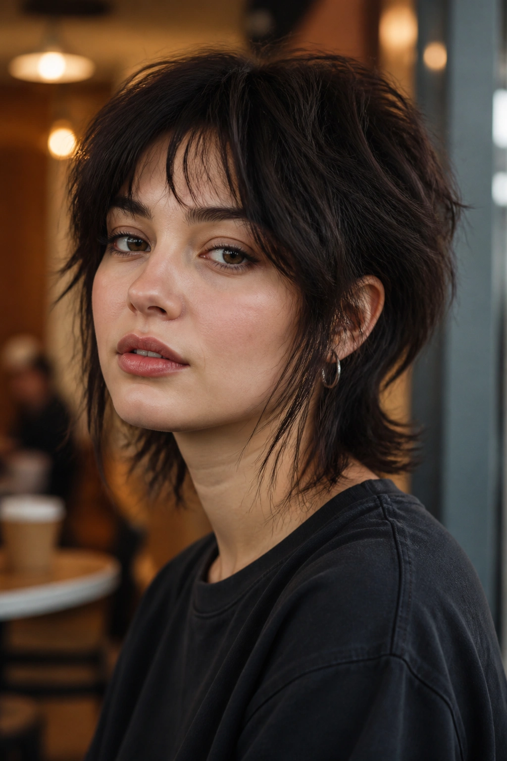 Close-up of person with mini wolf cut in a cozy cafe