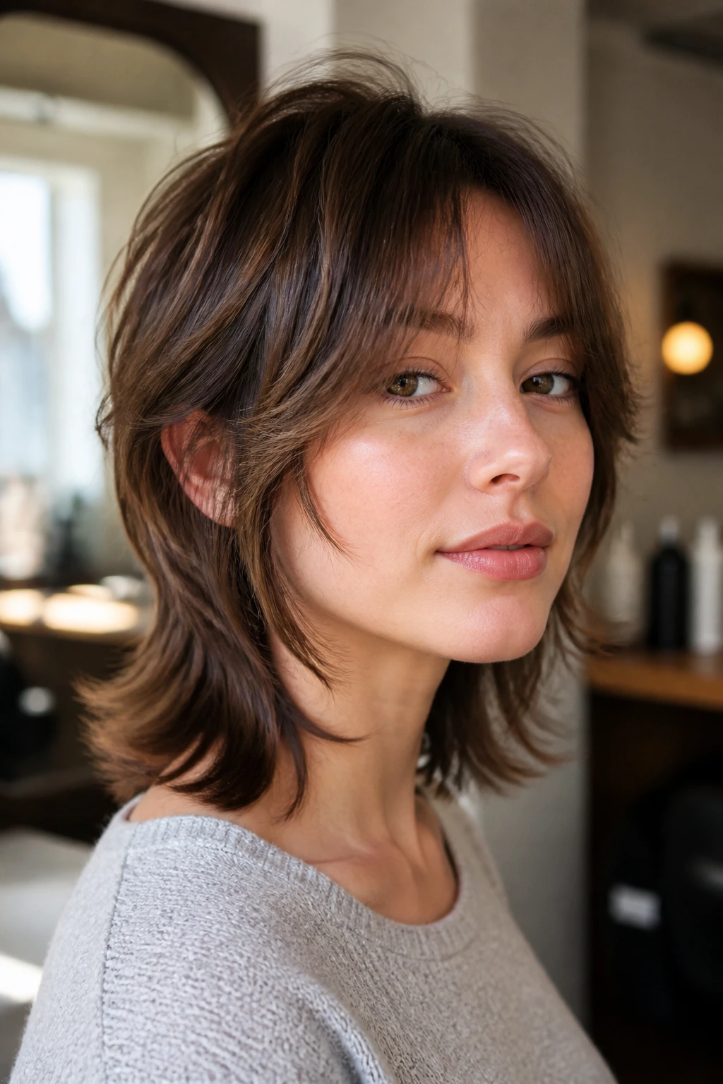 Close-up of a real person with a mini wolf cut featuring soft ends and crown lift