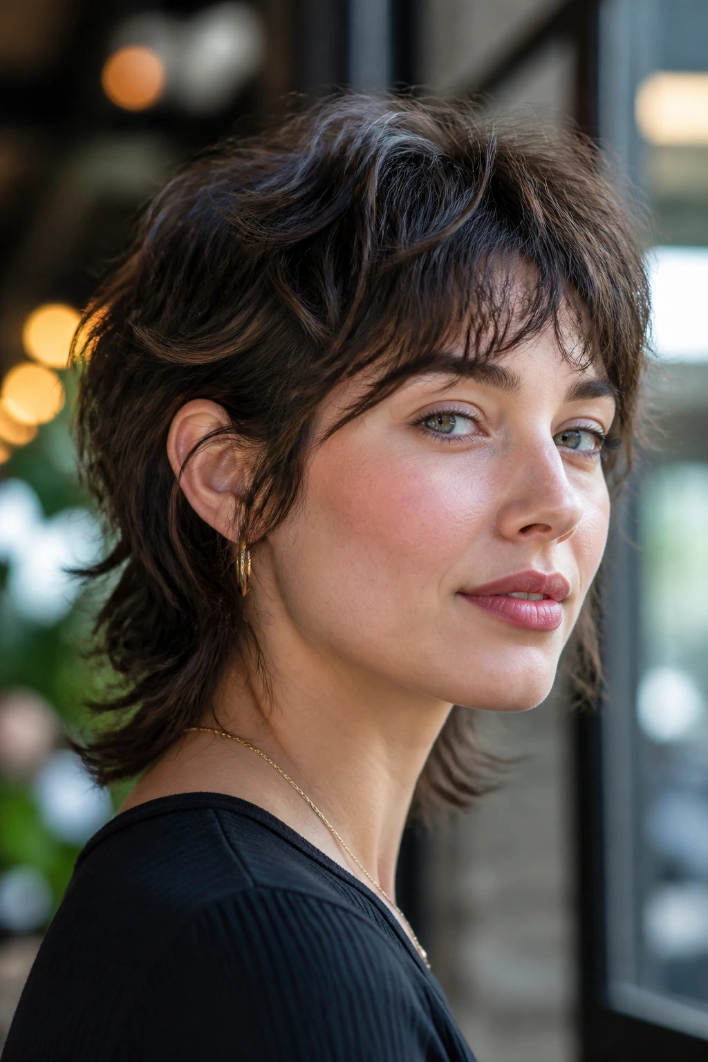 Close-up portrait of a real woman with a mini wolf cut showing cropped crown and longer nape