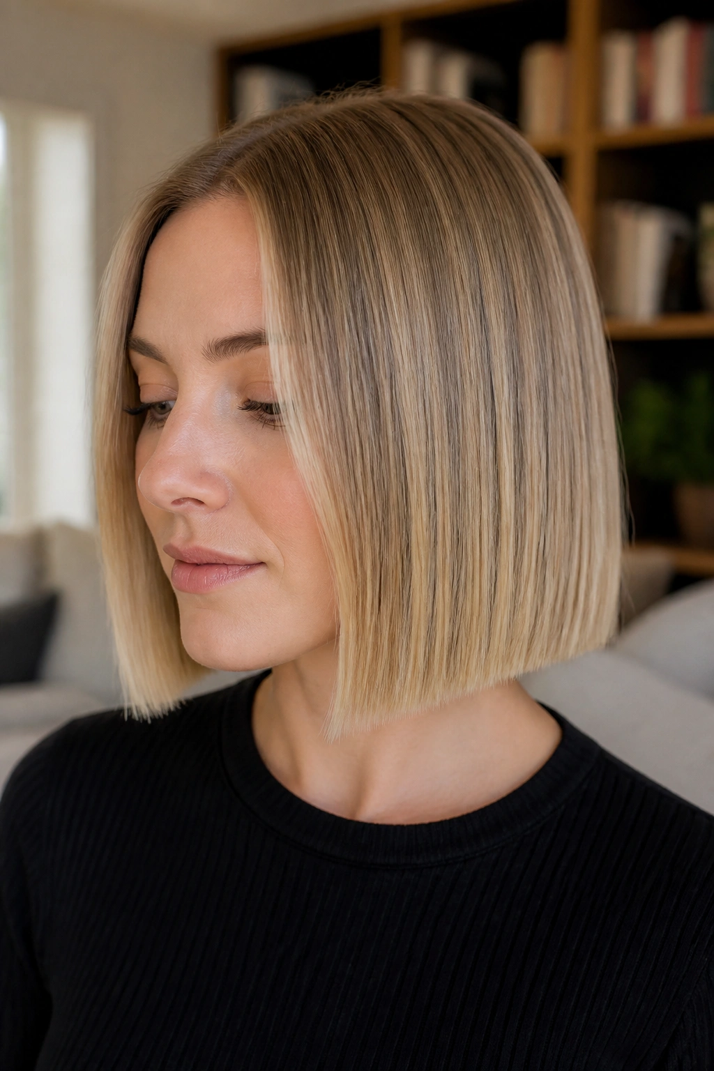 Close-up of a real woman with a blunt-ended minimal-layer bob in a bright living room.