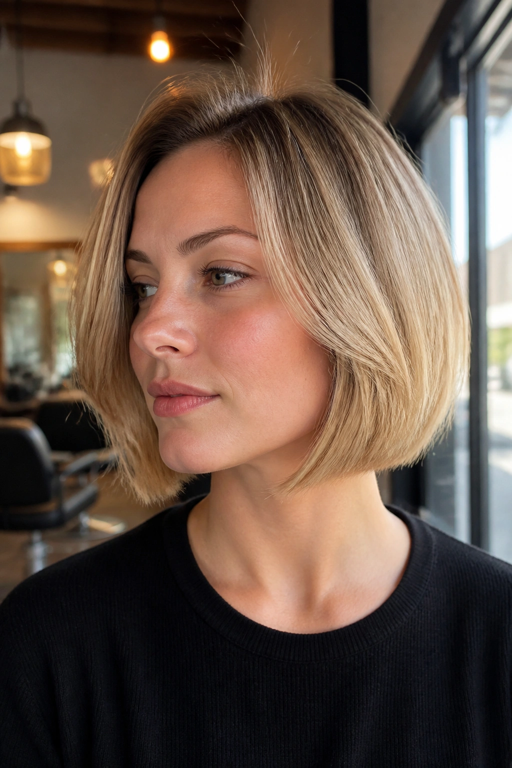 Close-up portrait of a real woman with a minimal-layer bob and root lift in a salon setting