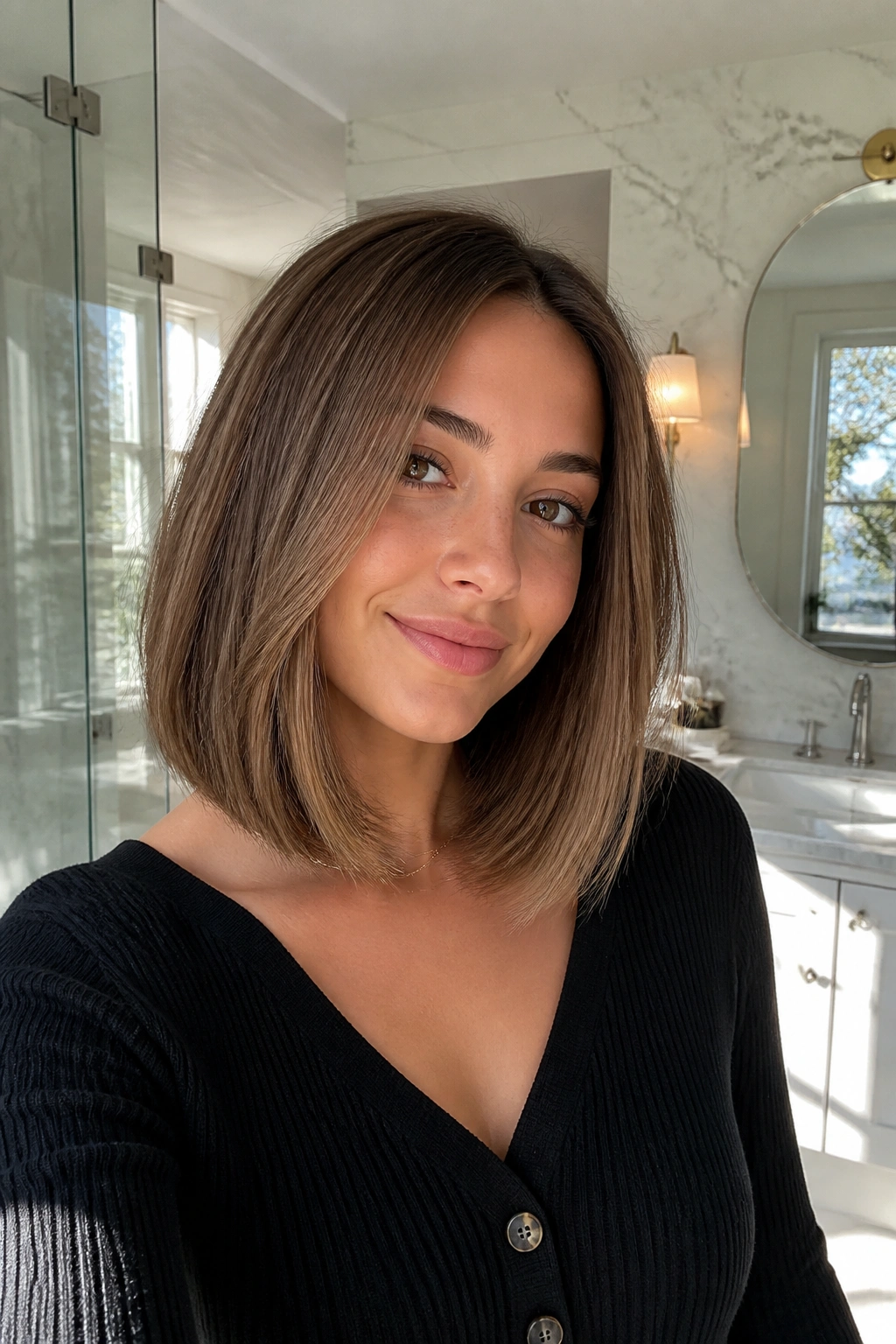 Real woman with minimal-layer lob for fine hair showing subtle front softness.