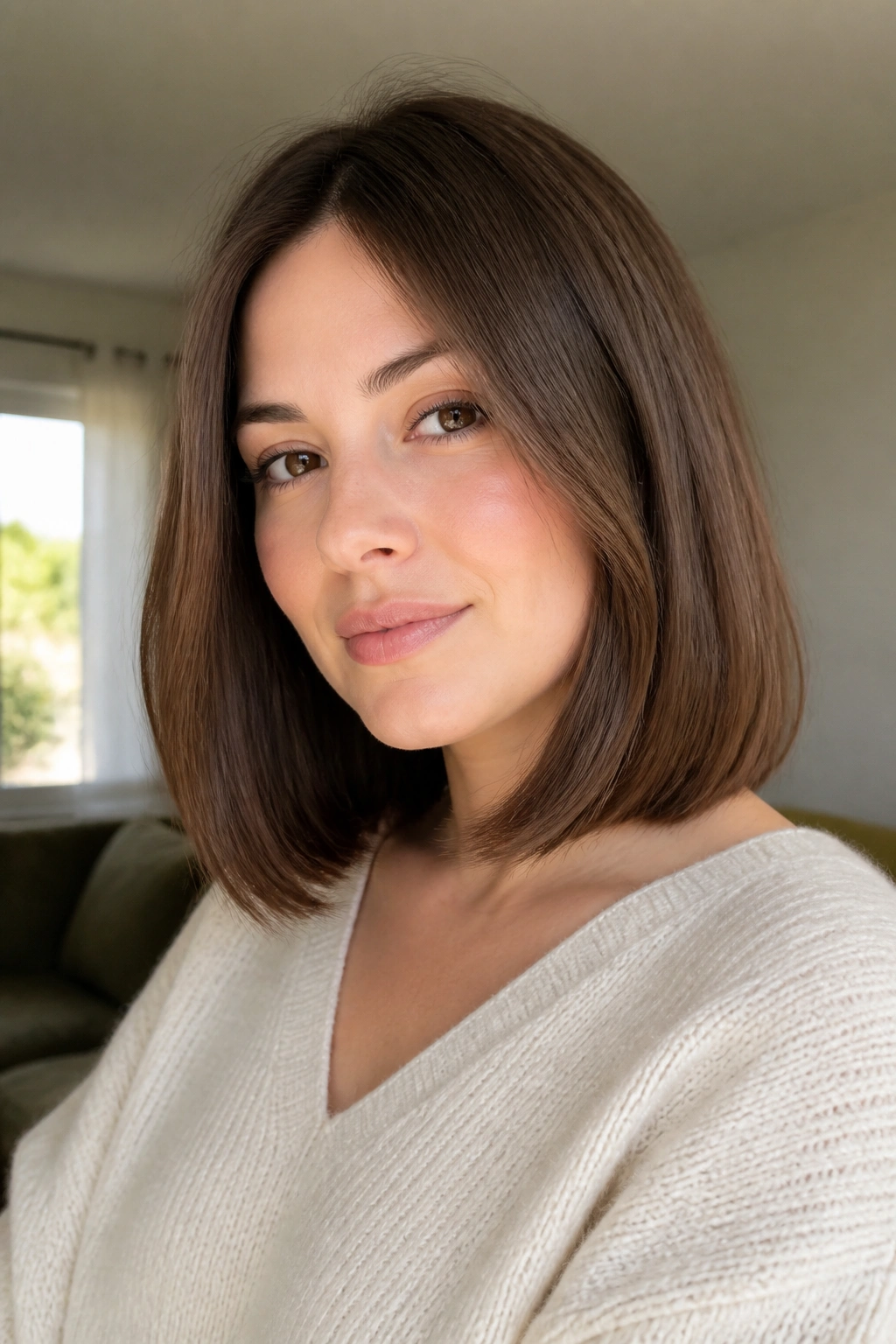 Close-up portrait of a real woman with a minimal-layer lob for fine hair in warm window light