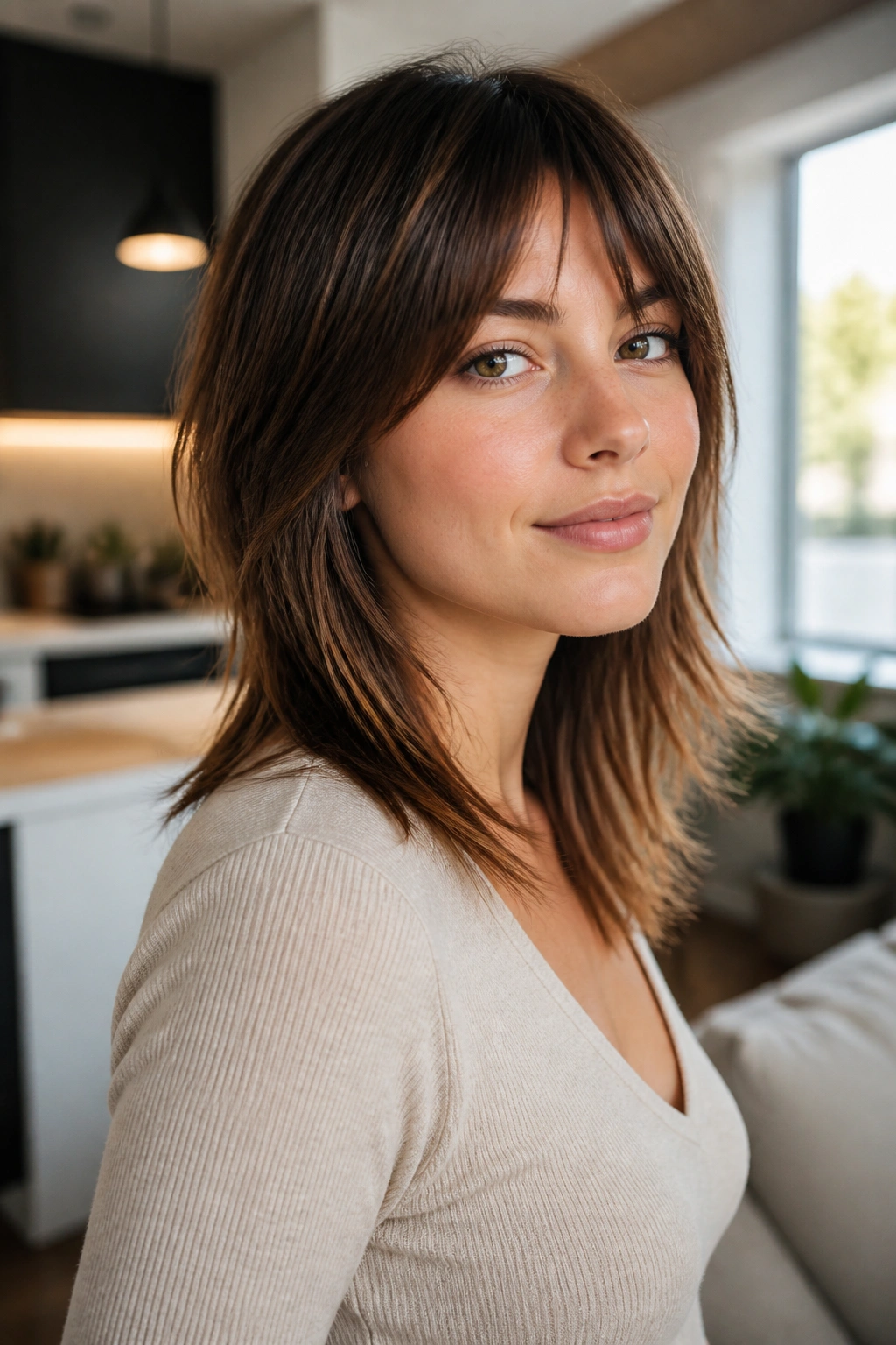 Real woman with minimal-layer shag shown in bright natural light setting