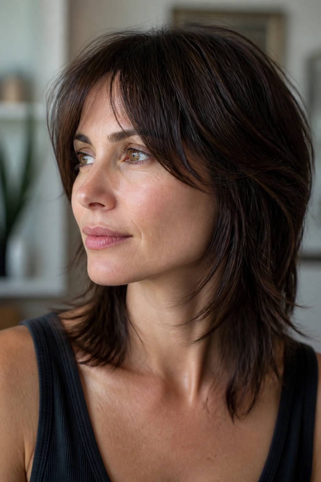 Close-up of brunette with minimal-layer shag and soft face frame on delicate hair