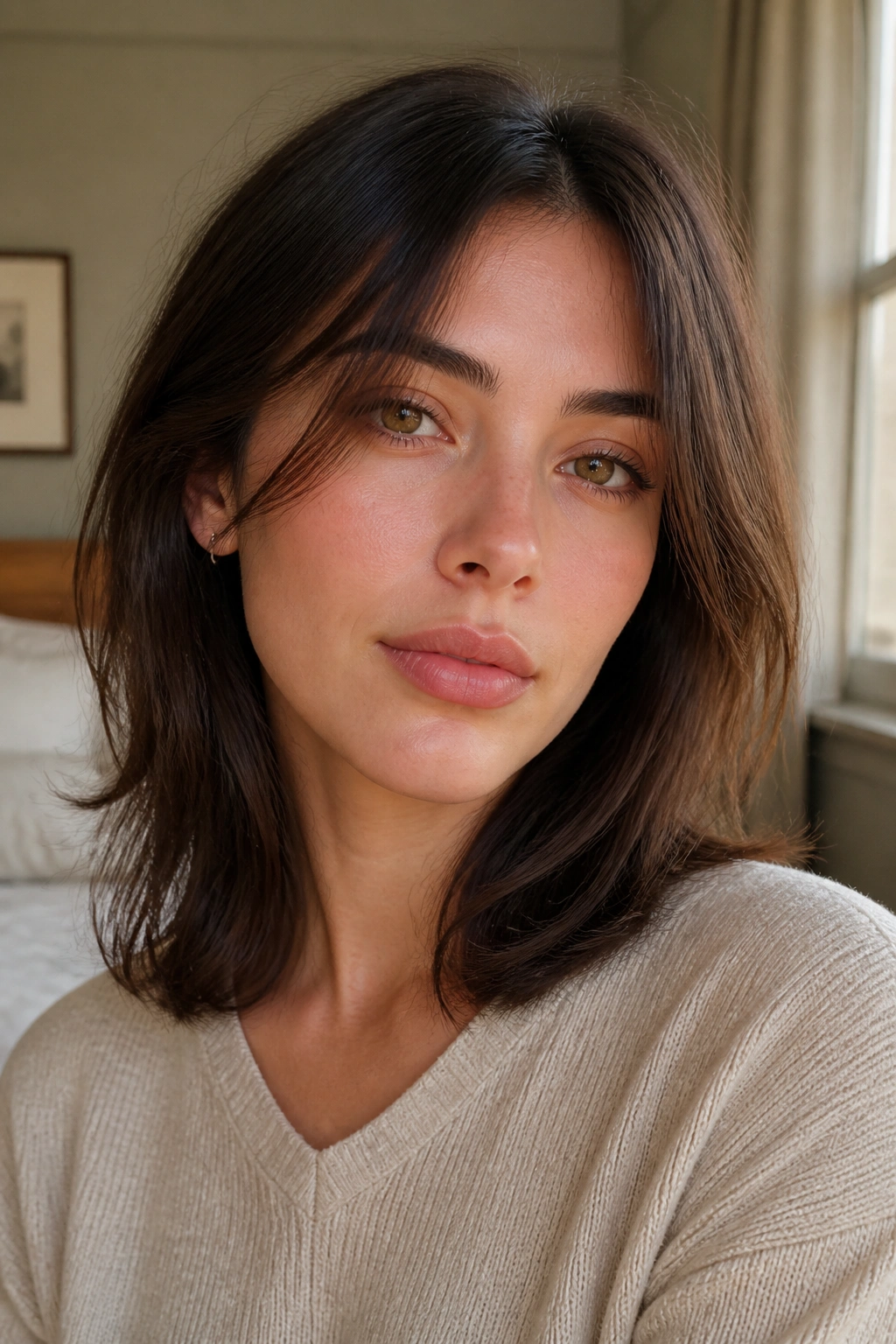 Close-up portrait of a real person with minimal-layer shaggy straight hair just below the collarbone in soft window light.
