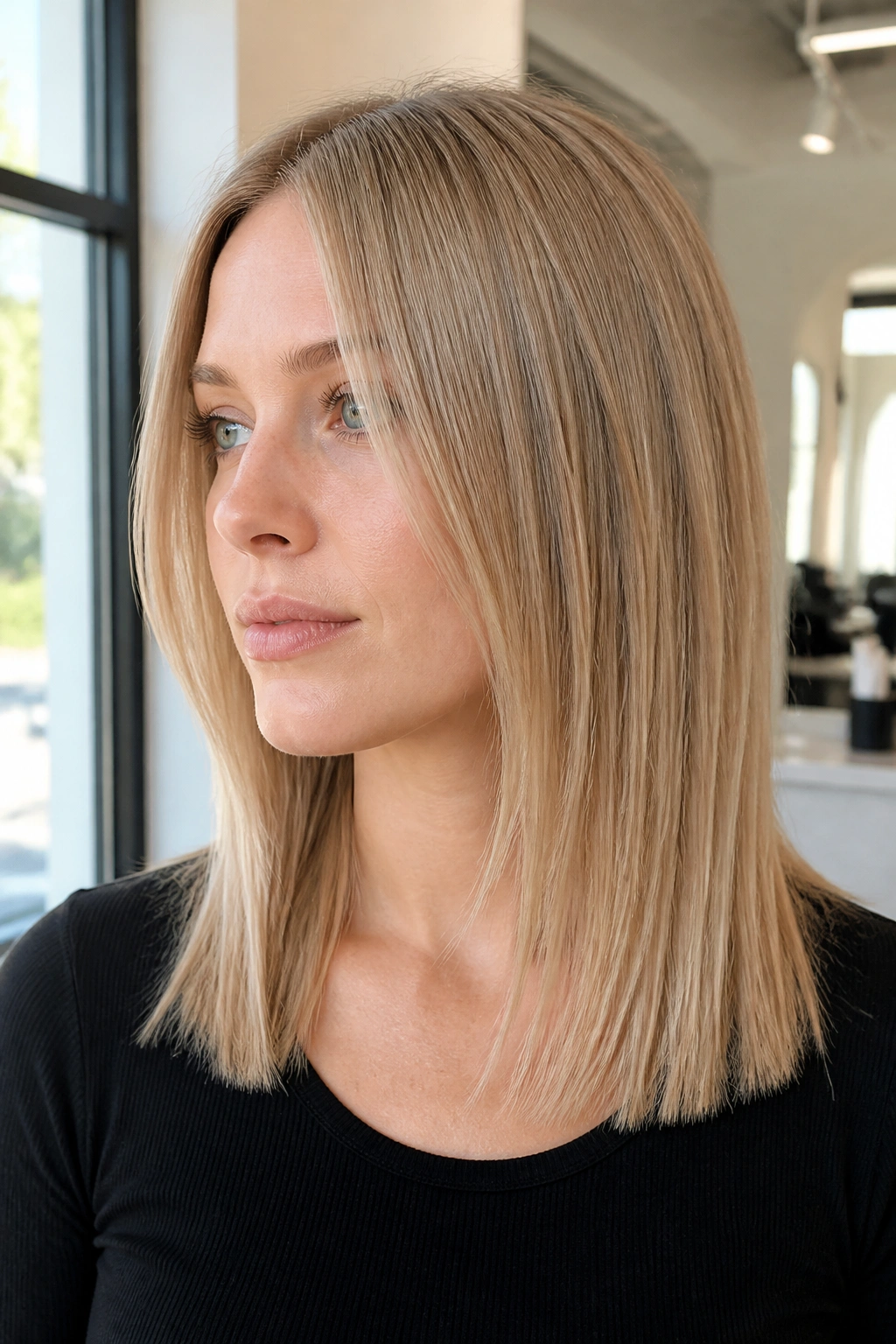 Portrait of a real woman with a minimal-layer straight fine hair cut