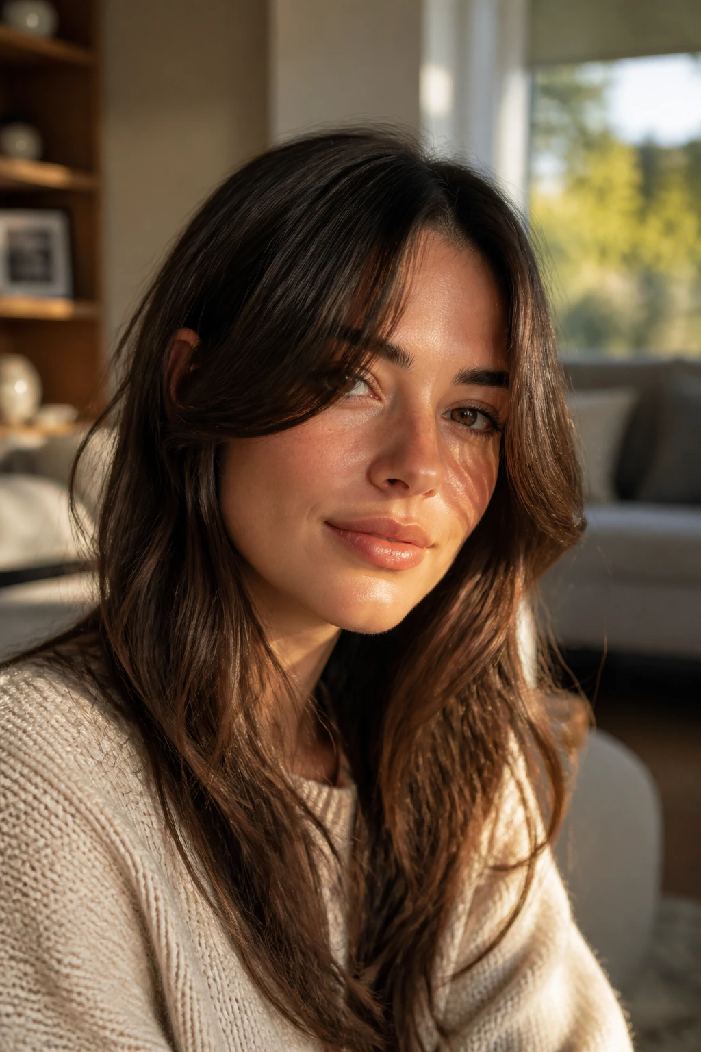 Close-up portrait of a real woman with long bangs that grow out well in a cozy, sunlit living room