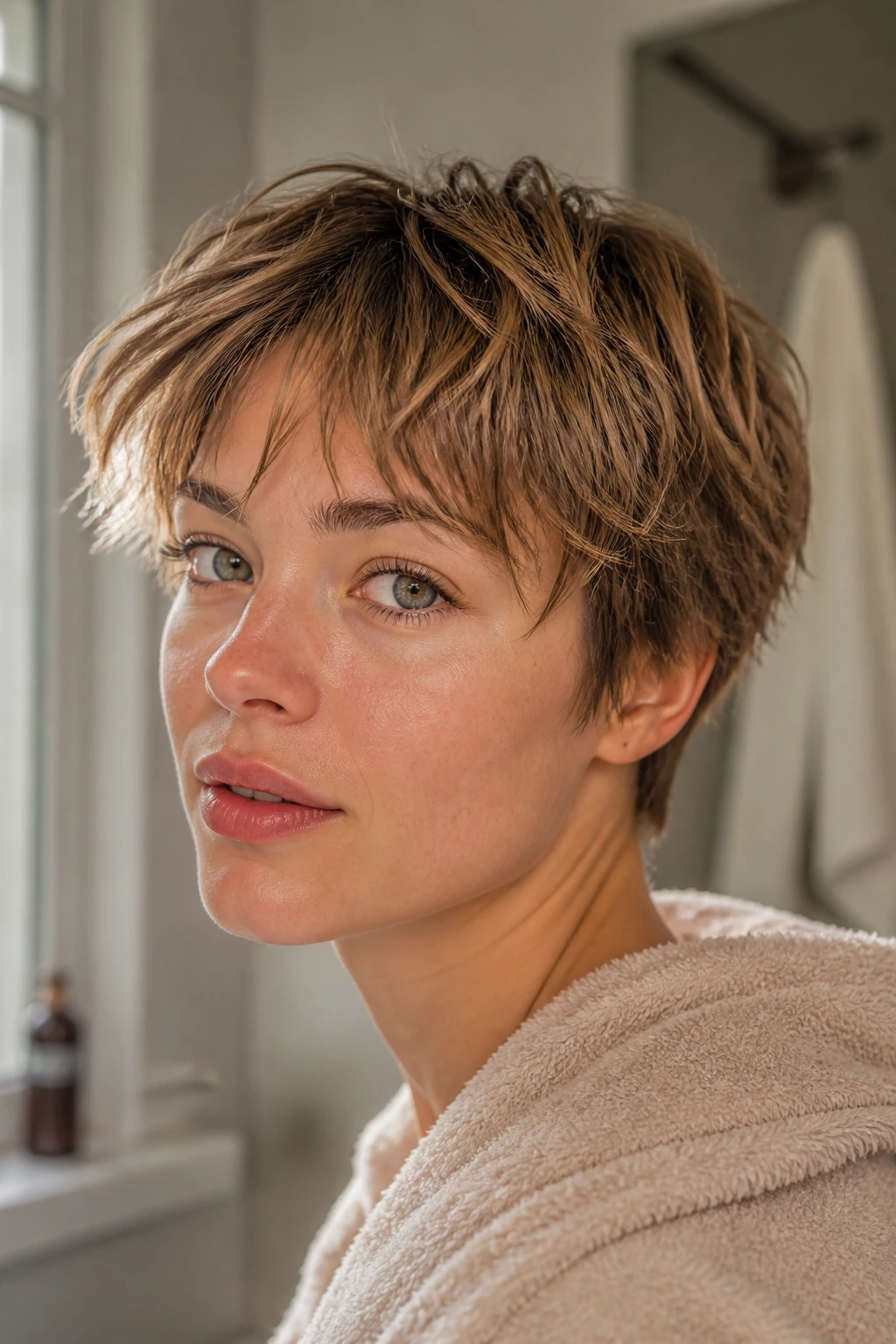 Close-up of real person with minimal styling shag pixie, soft ends