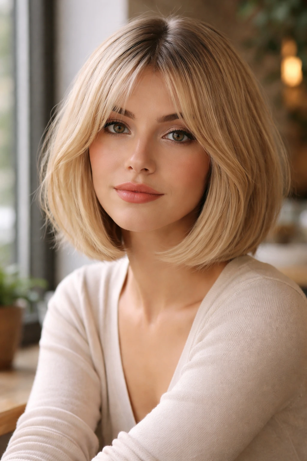 Portrait of real woman with minimalist blonde bob and curtain bangs in soft daylight