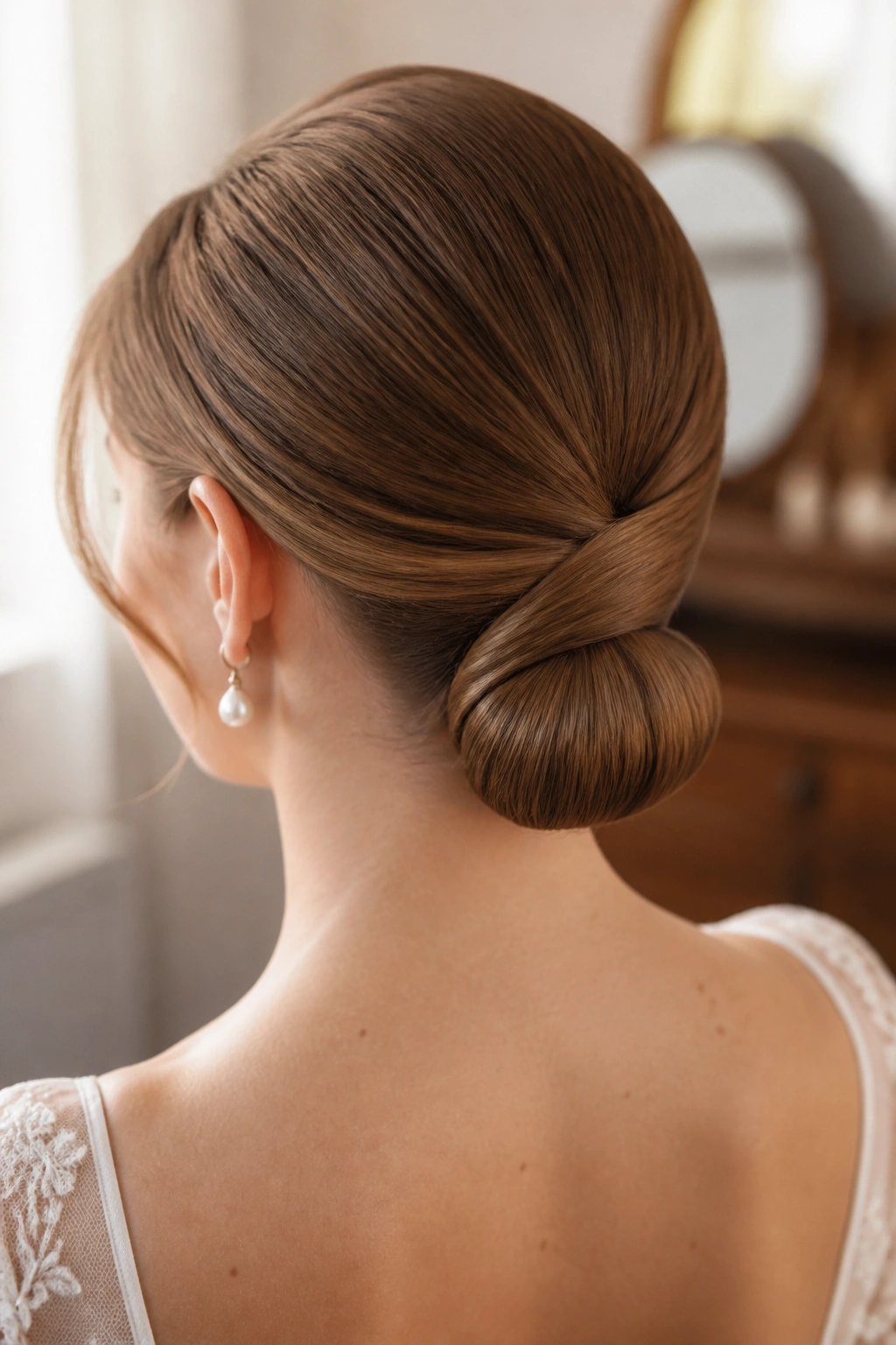 Close-up of a minimalist wrapped chignon on a real bride, with a crisp seam and tucked ends