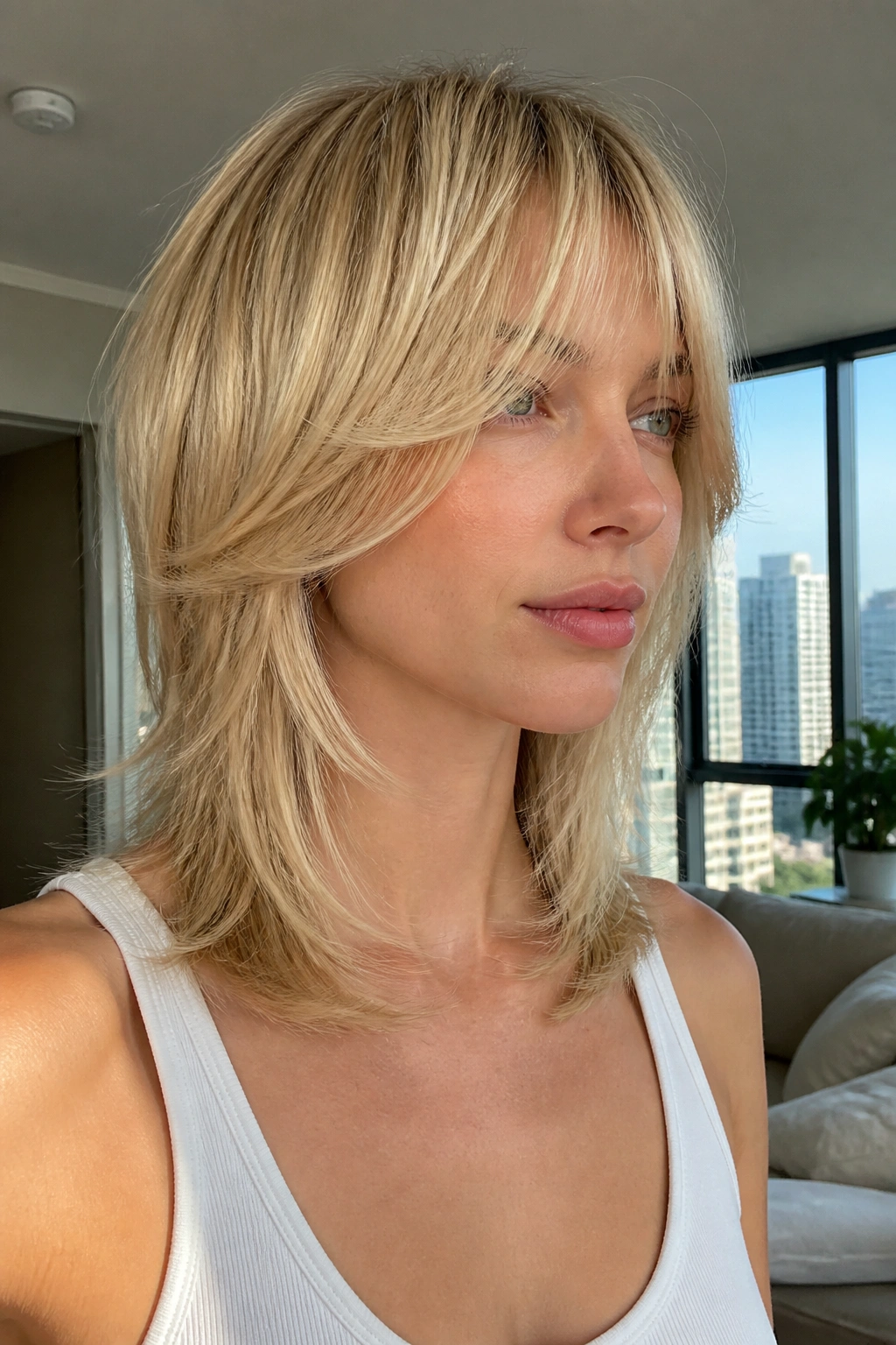 Head-and-shoulders portrait of a real woman with minimalist clean-line shag