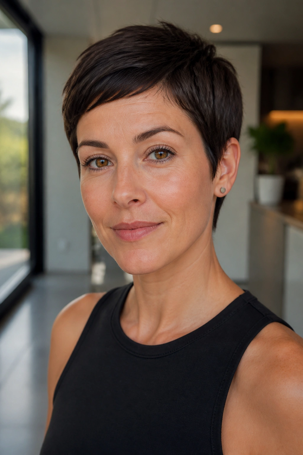Close-up of a real woman with minimalist crop showing clean neckline.