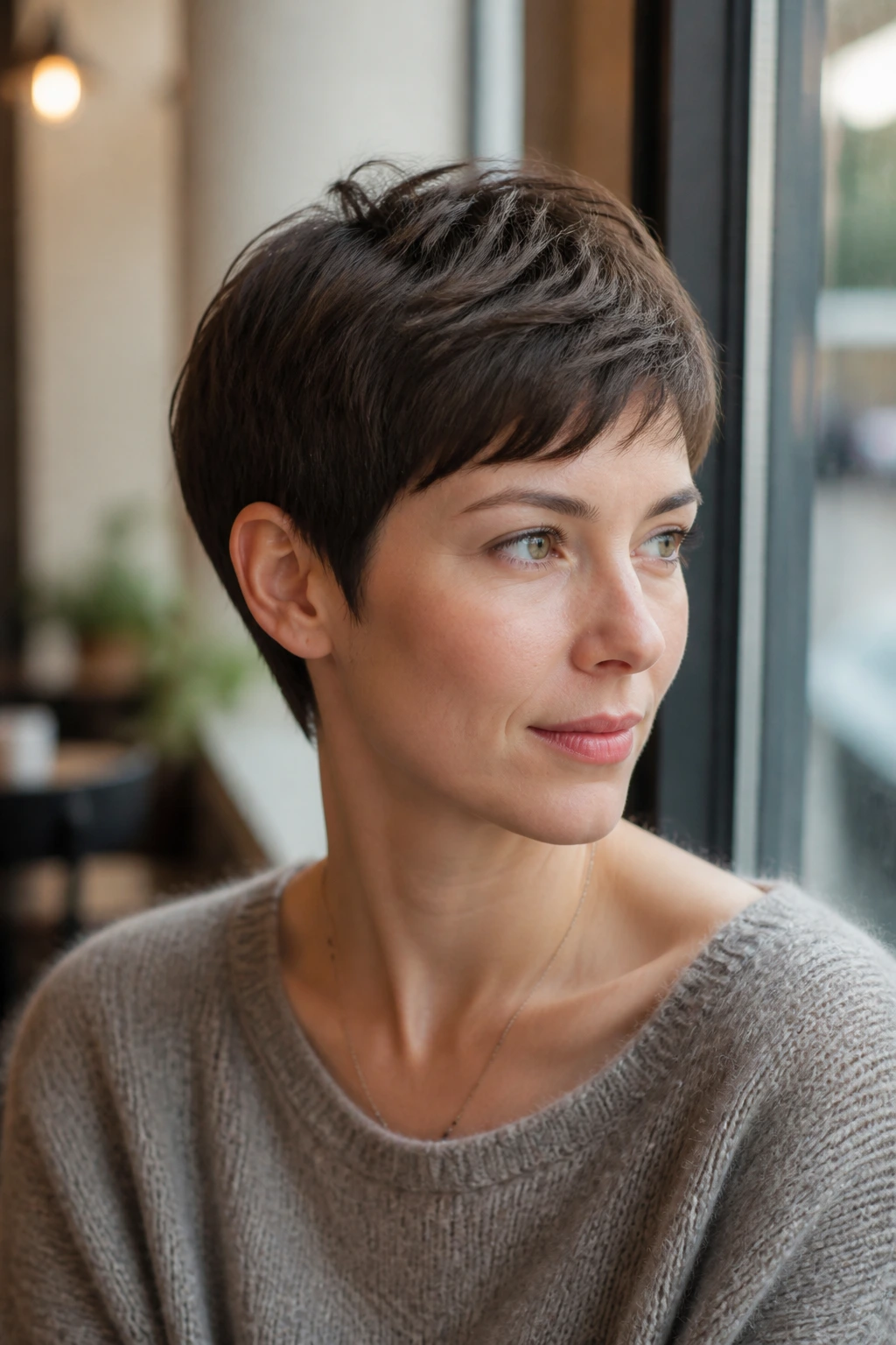 Real woman with minimalist pixie, soft outline and subtle volume.