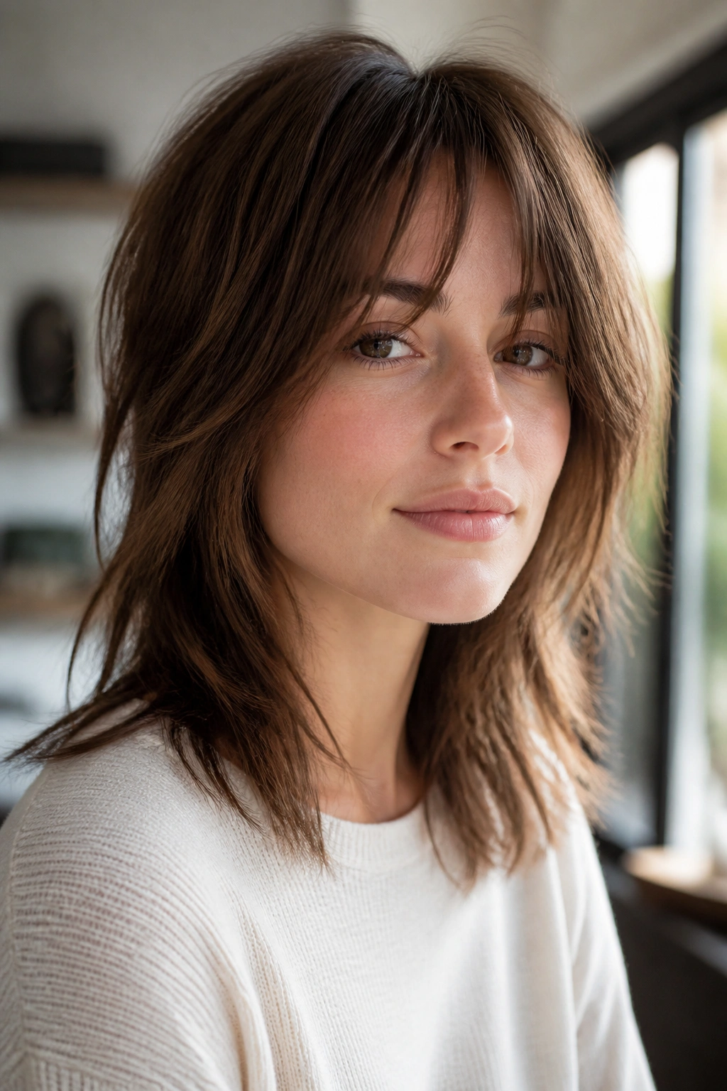 Close-up portrait of a real person with a minimalist shag on fine hair.