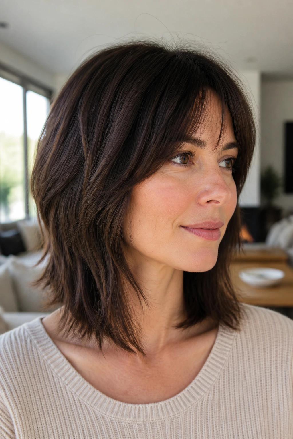 Portrait of a real woman with minimalist shag lob featuring soft perimeter and inner texture in bright natural light.
