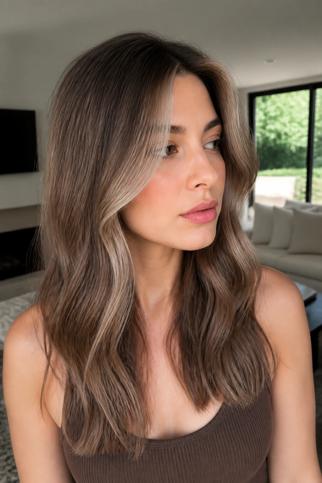 Close-up of a real person with mink brown hair and ash face-framing pieces