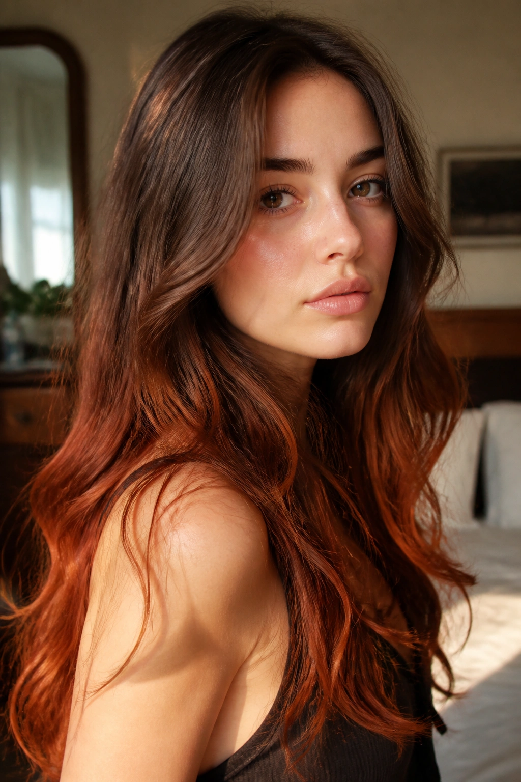 Close-up of a real woman with mink brown base and burnt copper ends in soft morning light
