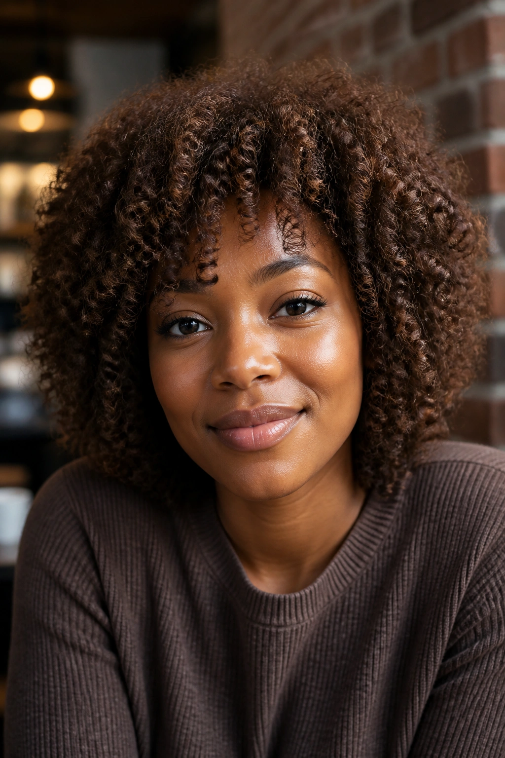 Close-up of a person with mink brown hair color in cafe lighting