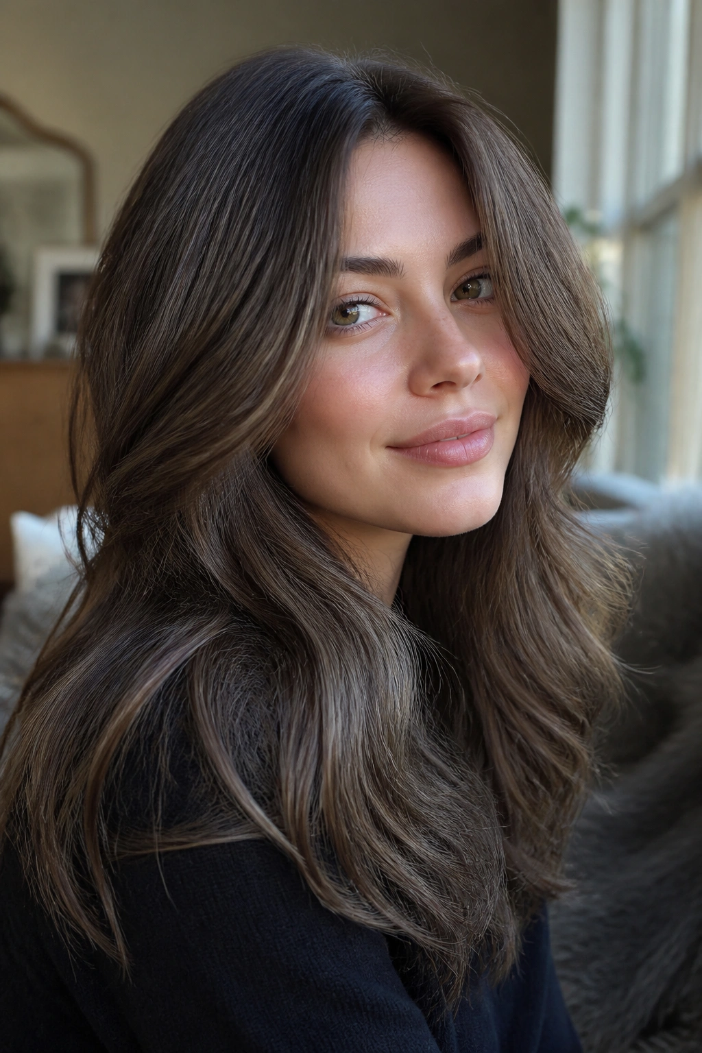 Close-up portrait of a real woman with plush mink-brown hair in soft waves