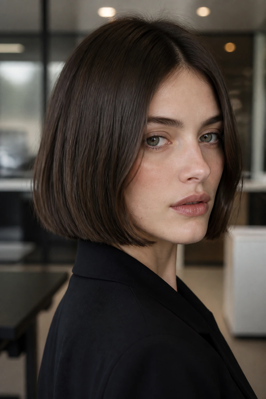 Close-up of mink brown hair on a real person in an office-like setting