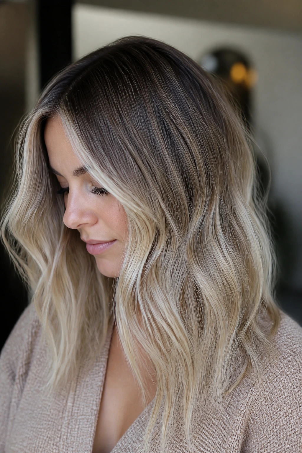 Close-up of a real woman's head showing mink brown root against beige blonde hair with soft lighting.