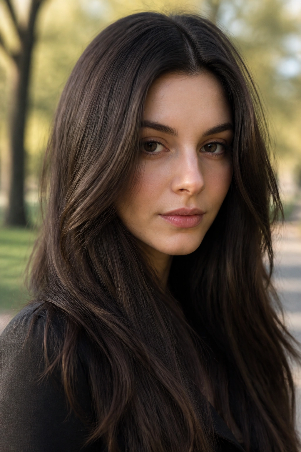 Close-up portrait of a person with mink brown hair in natural park light