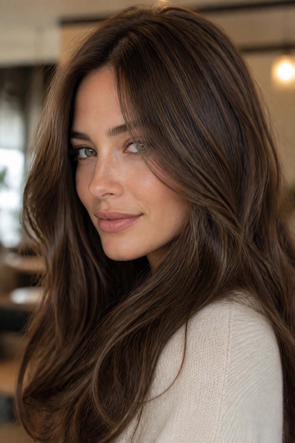 Real person with mink chestnut hair and low-contrast lowlights in warm light
